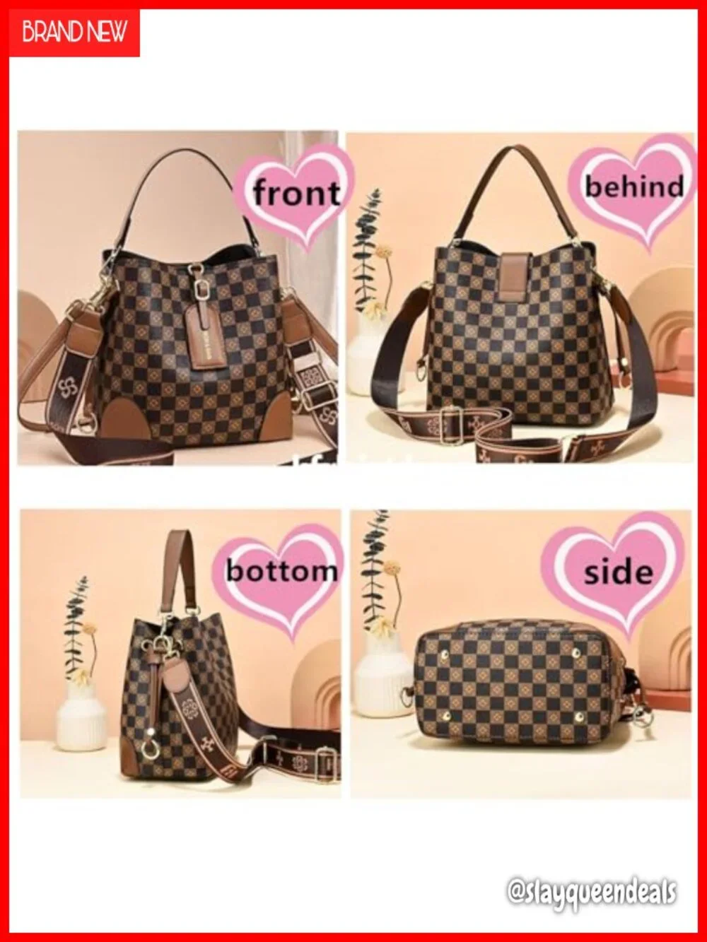 PU leather plaid bucket satchel crossbody hobo handbag
